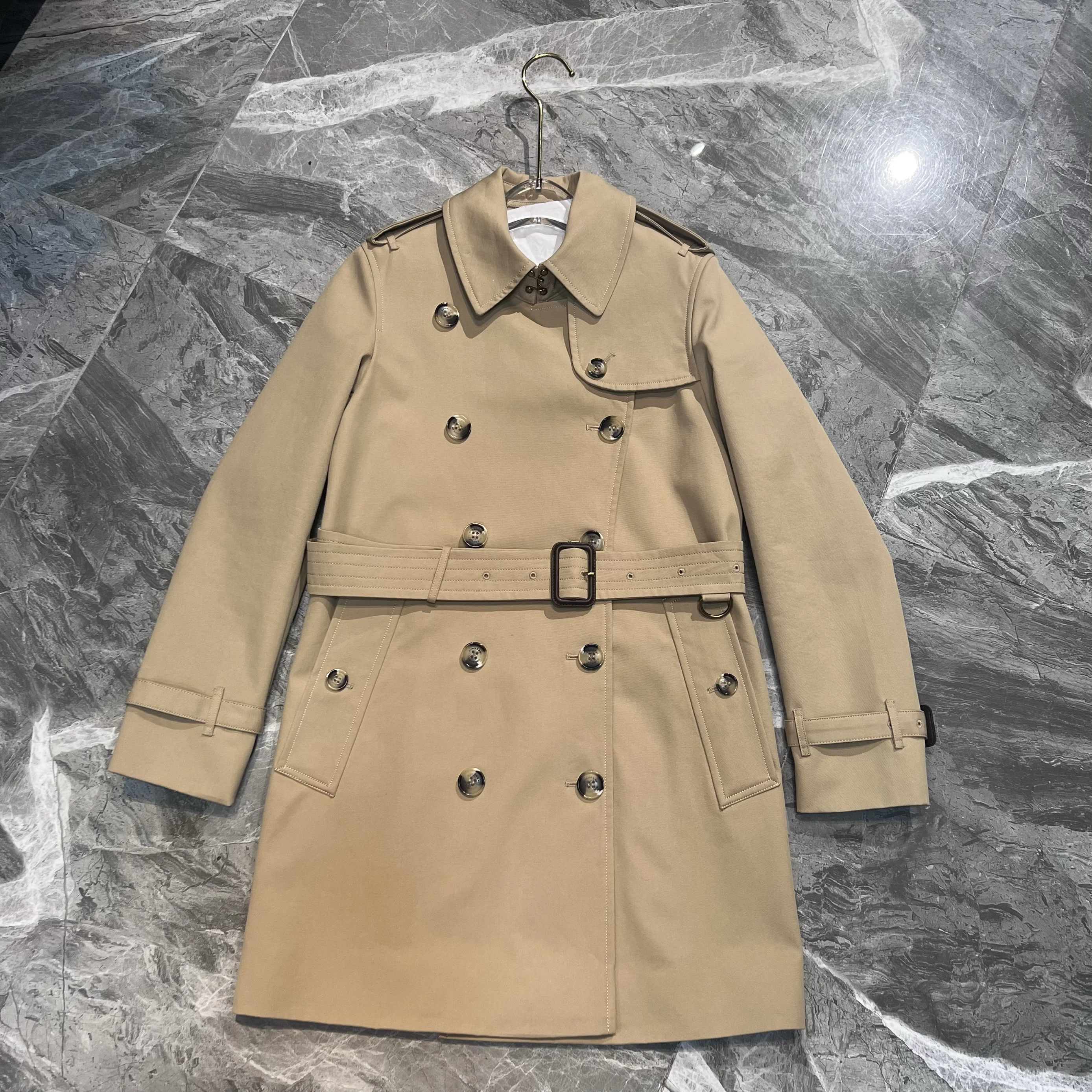 

Spring Autumn Briti Sle ort Tailored Coat Double Breasted Slim Fit Women's Jaet Cotton Long Sve Stand Collar Windb...