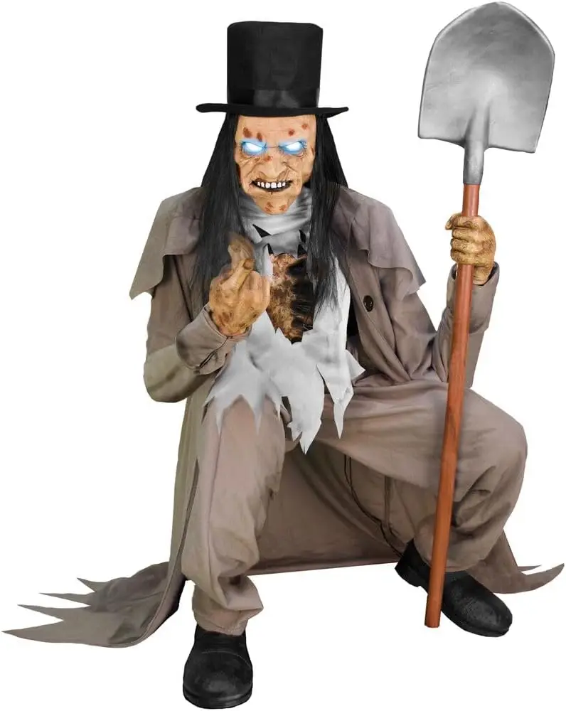 Activated Crouching Grave Digger , Talking Halloween Animatronic for Indoor or Covered Outdoor