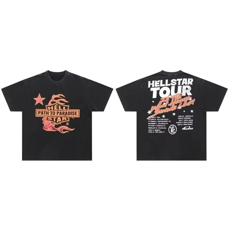 New Neutral Style Black T-shirt with Flame Metallic Font and Bizarre Face Punk Pattern T-shirt Suitable for Both Men and Women