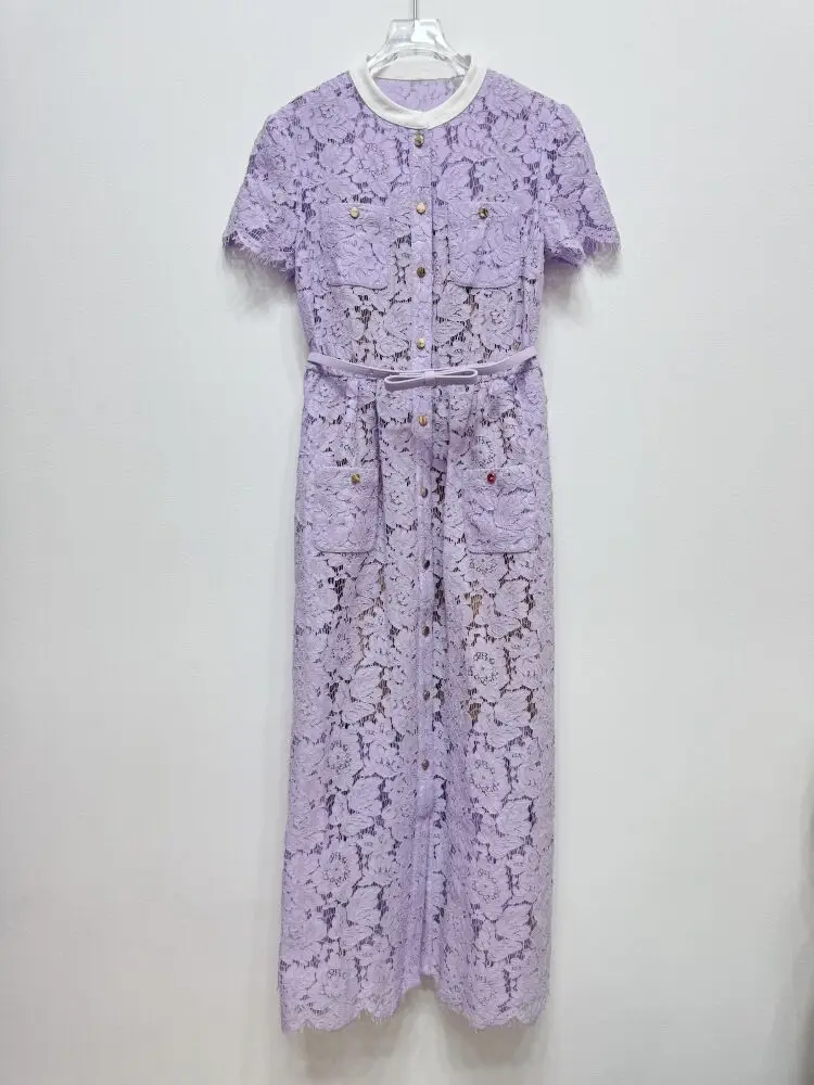 Lace Long Dress 2025 Summer Party Events Women Pocket Belt Patchwork Button Front Short Sleeve Purple Elegant Maxi Dress Prom