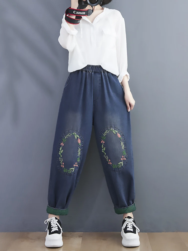 

Flower Ring Embroidery Sweet Women Jeans Spring Fall Fashion Loose Casual Elastic Waist Denim Pants Lady Patchwork Retro Trouser