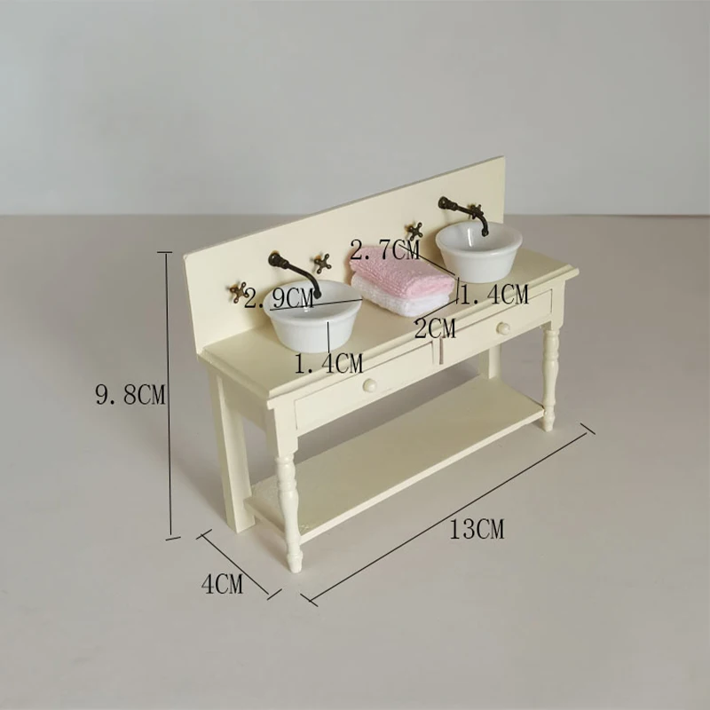 1:6 1:12 Dollhouse Miniature Wooden Bathroom Sink Cabinet Kitchen Wash Basin Drawer Furniture Model Decor Toys Accessory