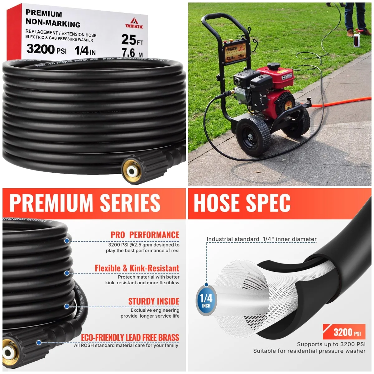 

Шланг мойки высокого давления, внутренний диаметр 25 футов, латунные фитинги M22, устойчивый к ударам на квадратный дюйм 3200 фунтов на квадратный дюйм