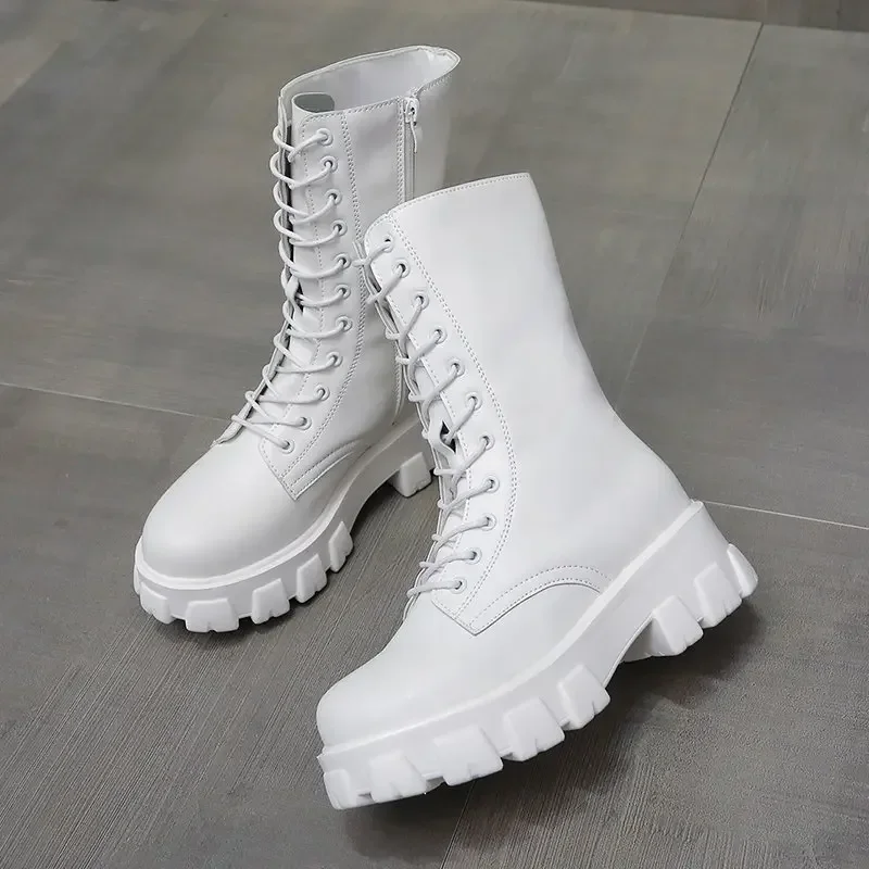 2024 Winter Shoes Women White Boots Autumn Fashion PU Leather Platform Gothic Boots Punk Combat Mid-Calf Boots for Women Booties