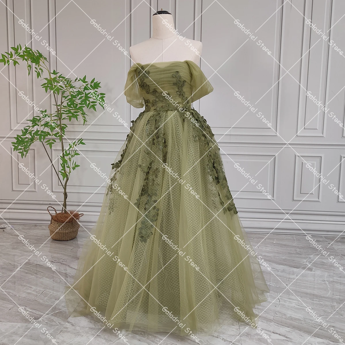 Vine Lace Off Shoulder Olive Green Evening Dresses Maxi Long Soft Tulle A Line Corset Closure Customized Prom Gowns with Boning