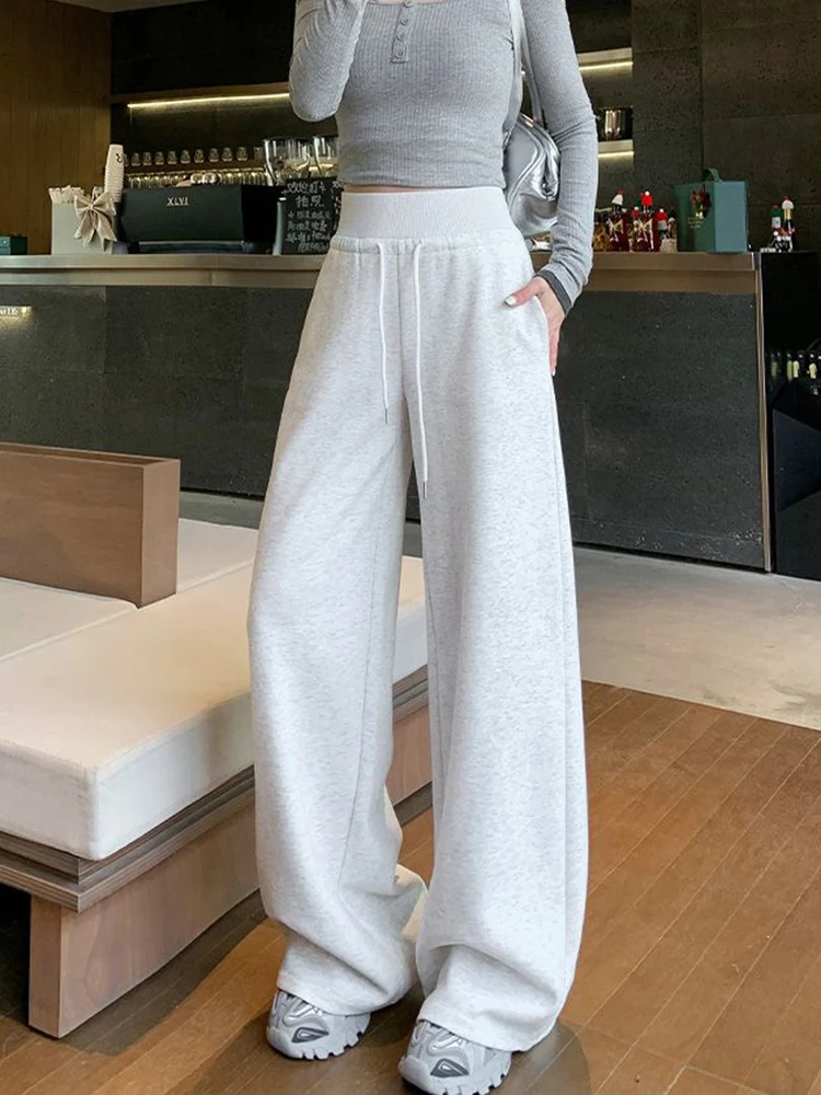 المرأة عادية فضفاض Sweatpants خمر الكورية عالية الخصر الدانتيل يصل بنطلون مستقيم خريف جديد أنثى بسيطة الصلبة بنطال ذو قصة أرجل واسعة