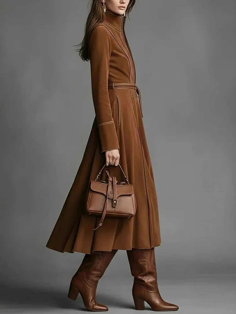 Elegant Suede Vintage Women's Dress Brown Zipper Slim Lace Up A-Line Autumn High Street Chic High Neck Long Sleeve Midi Dresses - view 3