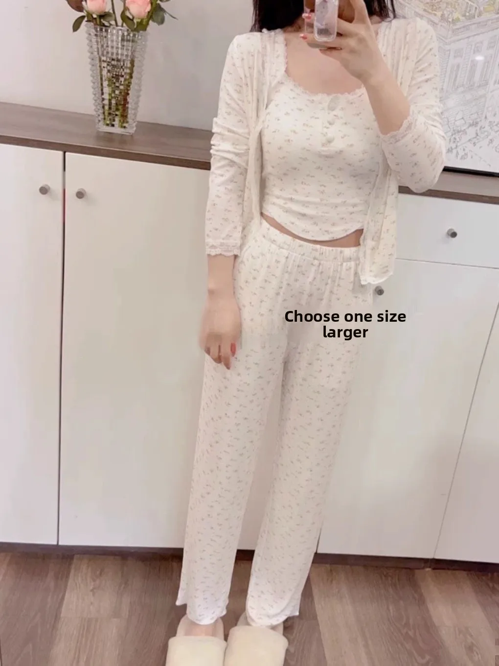 Sweet Floral Print Girl\'s Spwear round Ne Long Sve Pants Set Spring Autumn Cotton Home Clothes Tee-Piece Suit