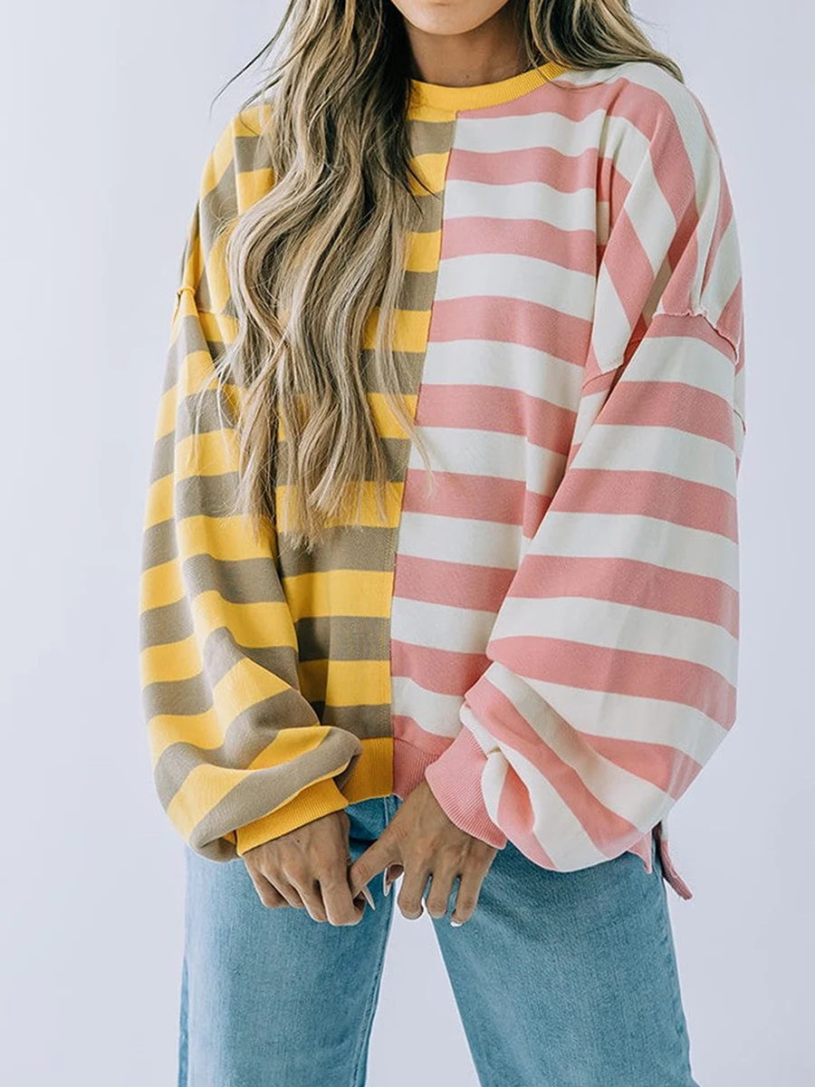 Striped Pacchwork Tunic Top for Women Spring Autumn Loose Sweatshirt Long Sleeve Round Neck Oversized fit Drop Shoulders Hoodies