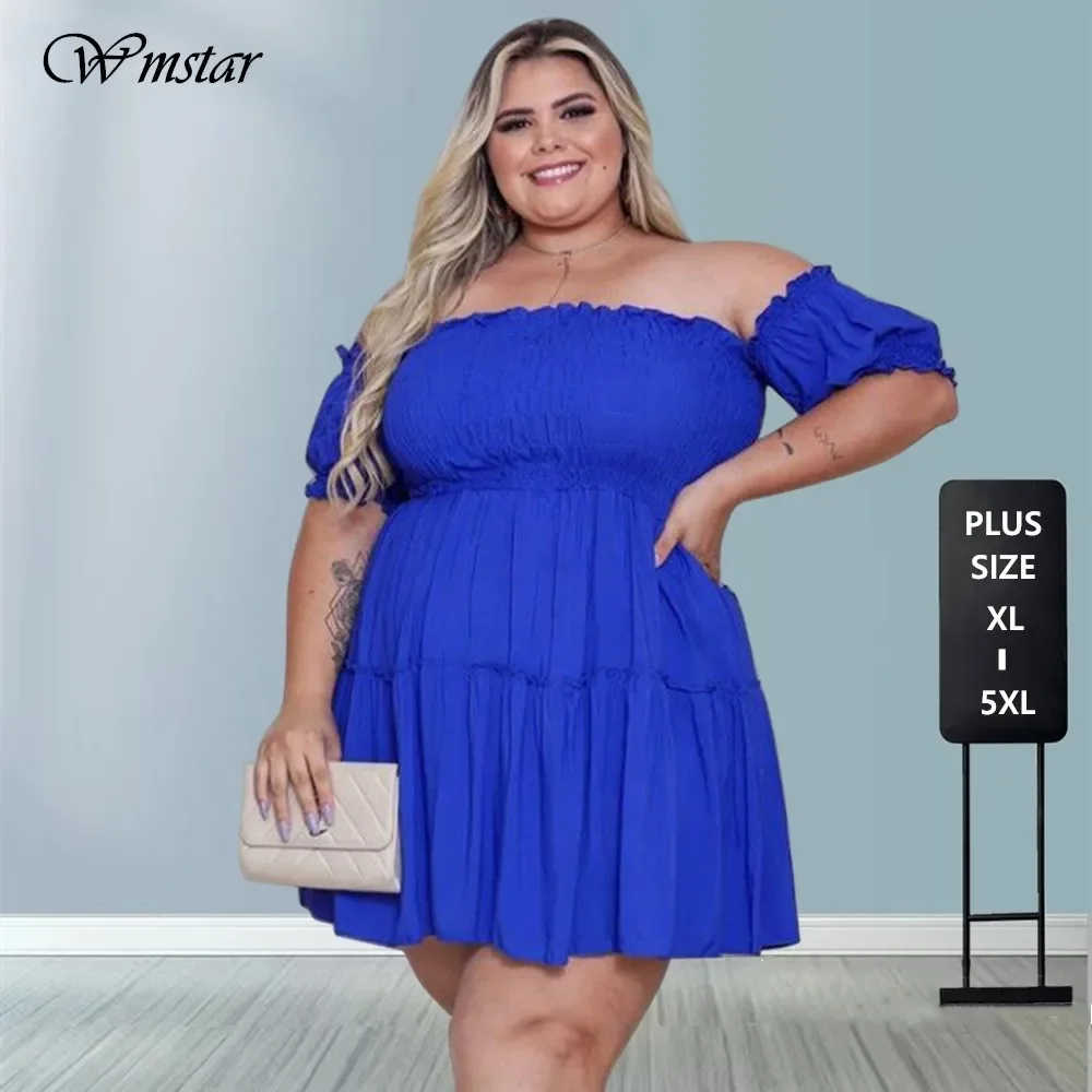 Plus Size Dress Women Wholesale Pleated Off Shoulder Solid Above Knee Casual Mini Dresses for Women Summer 2021 Dropshipping