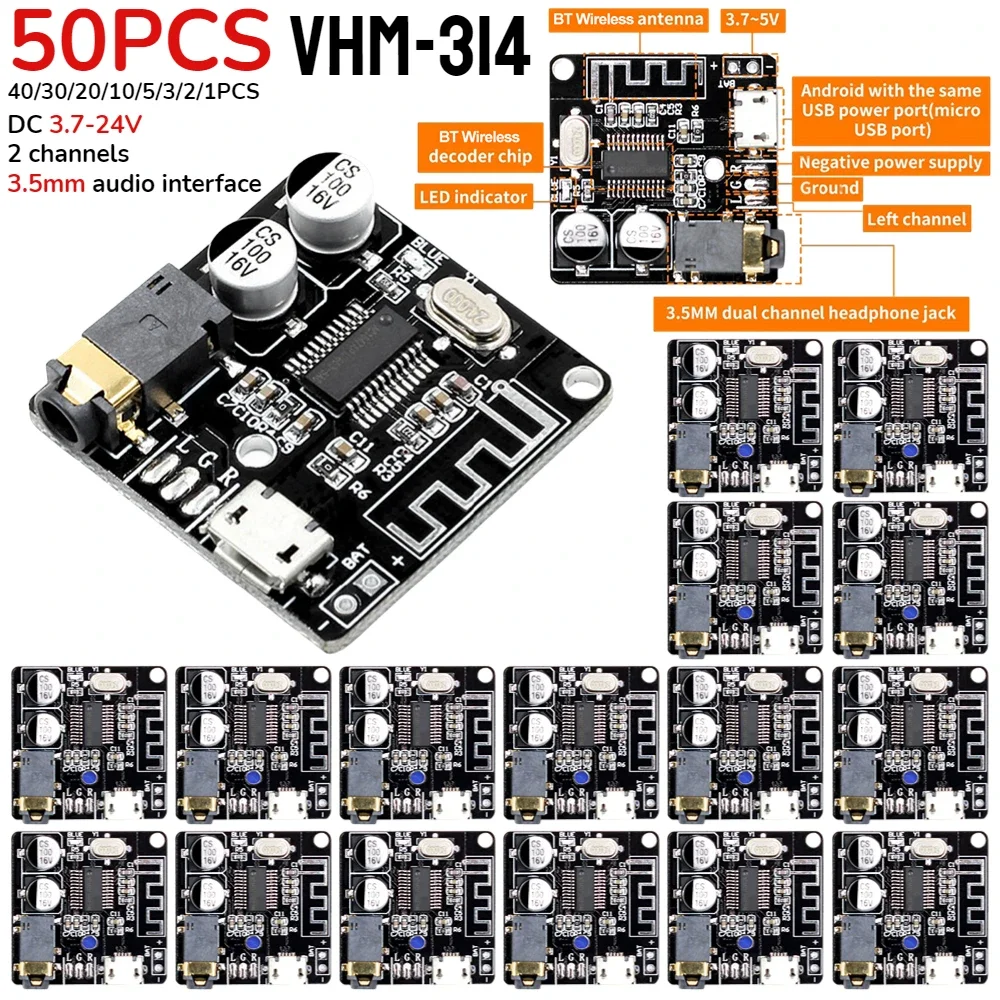 VHM-314 Bluetooth Audio Receiver Board Wireless Stereo Music Module Bluetooth-Compatible5.0 MP3 Lossless Decoder Amplifier Board