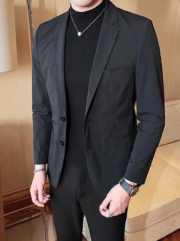 

YJANGDE Men's Casual Suit Jaet Bla Thin Busin Sle Autumn Outerwear Faionable Urban Stand Fit Single-breasted