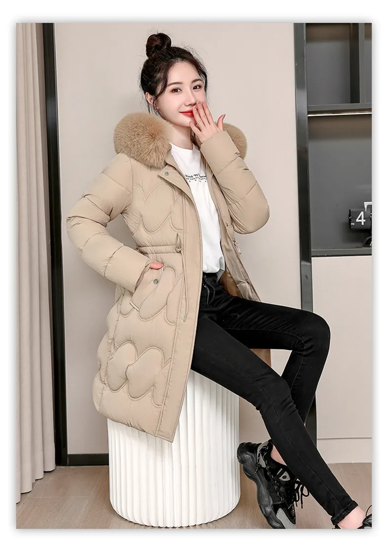 2026 Winter New Fur Collar Puffer Down Parka Loose Long Hooded Warmer Thicken Snow Jacket Pocket Zipper Outerwear Female
