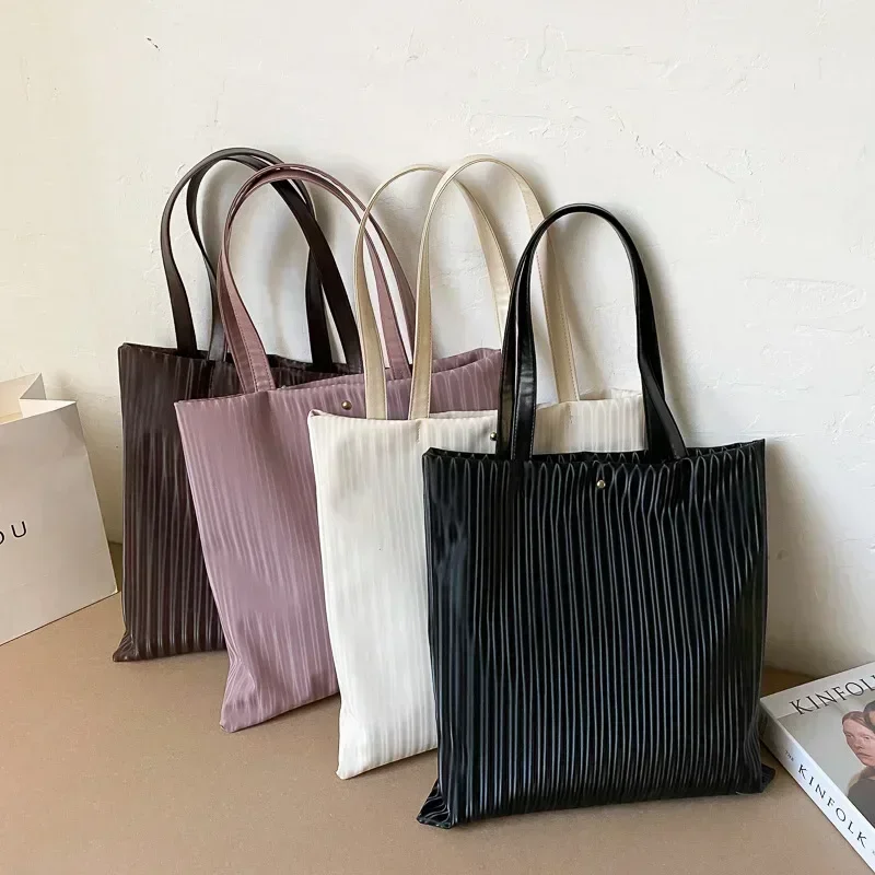 KP08  Handbags for Women  Large Capacity Tote Shopper Bag Solid Color Striped Pu Leather Corduroy Lining