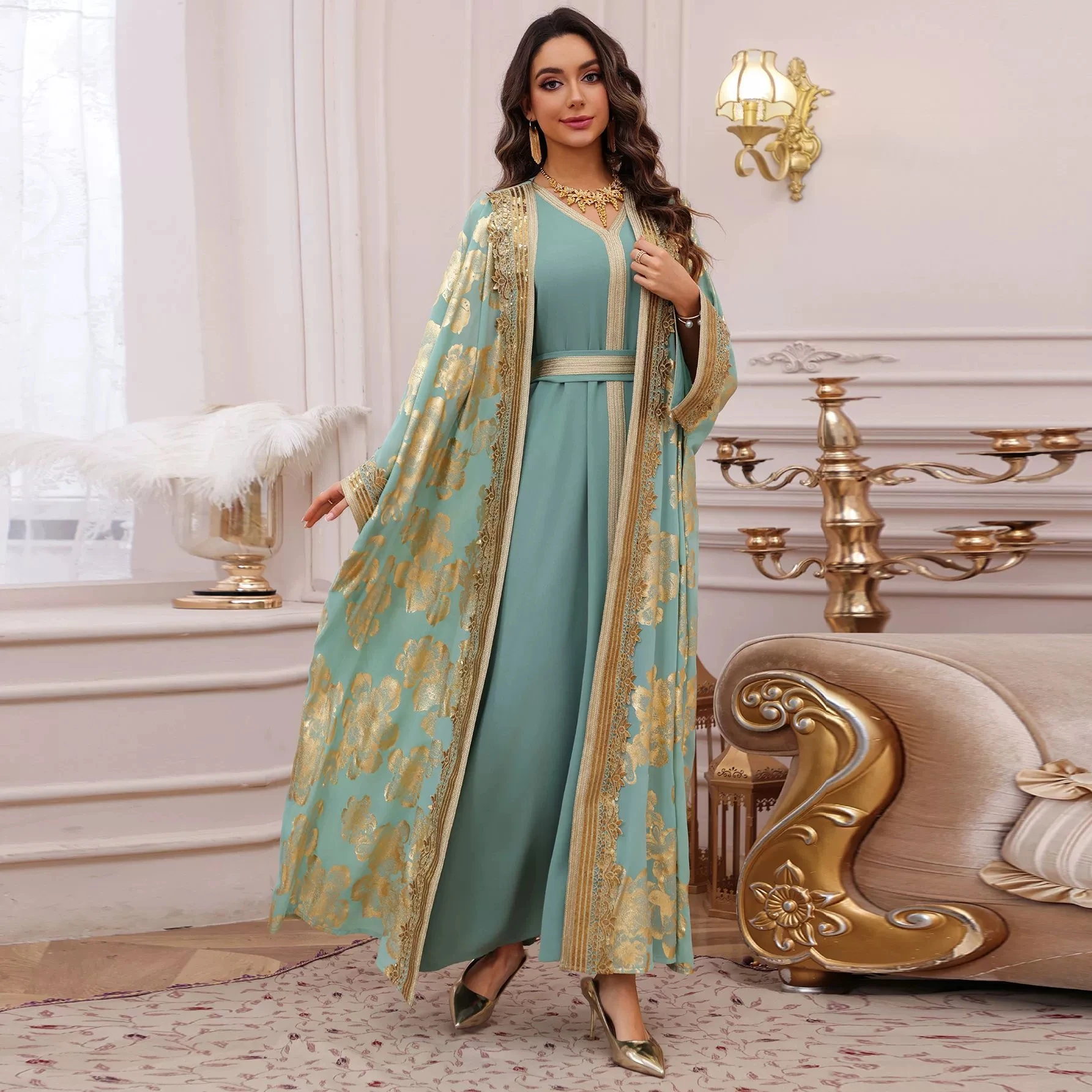 Middle East Ramadan Muslim Luxury Fashion Arab Hot Stamped Robe Two Piece Dress Trendy Party Jalabiya Dubai Islamic Robe