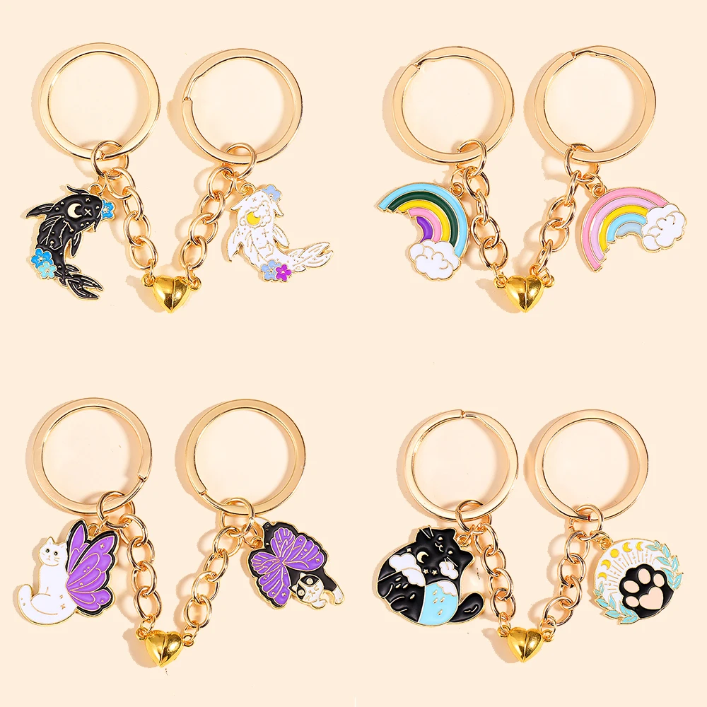 1Set(2Pcs) Creative Alloy Enamel Cartoon Butterfly Cat Rainbow Keychain For Couples Friends Best Party Holiday DIY Jewelry Gifts