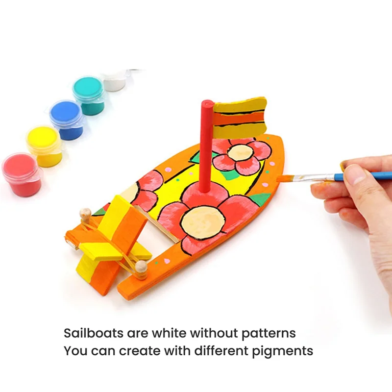 A32P_DIY Wooden Sailboat Rubber Band Paddle Boat Paint and Decorate Wooden Sailboat Embryo Model Handmade Materials Craft Kit