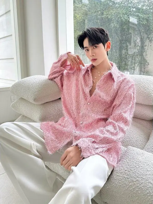 

Мужская рубашка в стиле ретро с длинным рукавом, весенняя модная модель с бахромой, свободного кроя, повседневный топ с яркими пайетками, трендовая уличная одежда