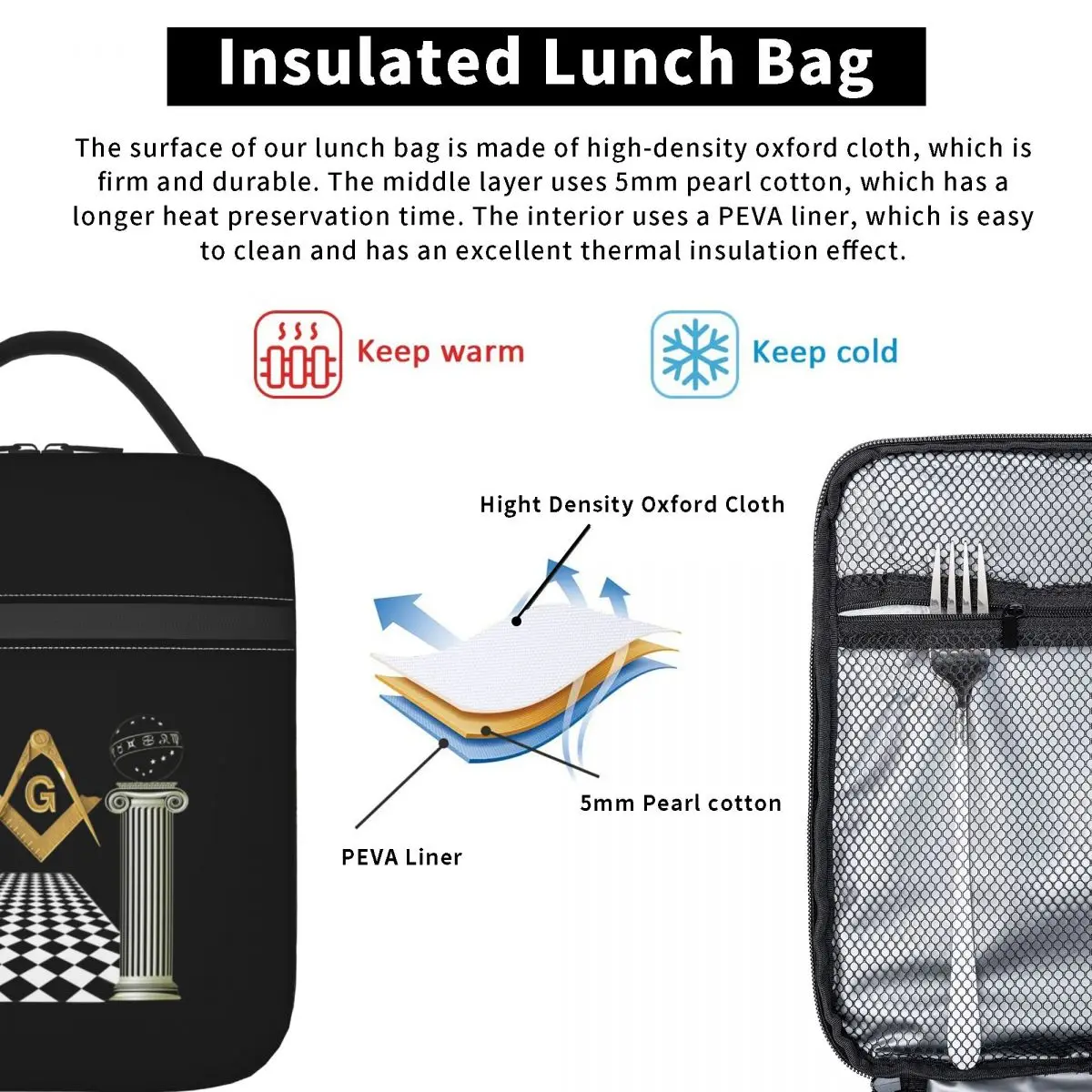 Boaz And Jachin Solomon\'s Temple Portable Lunch Box Leakproof Masonic Mason Freemason Cooler Thermal Food Insulated Lunch Bag