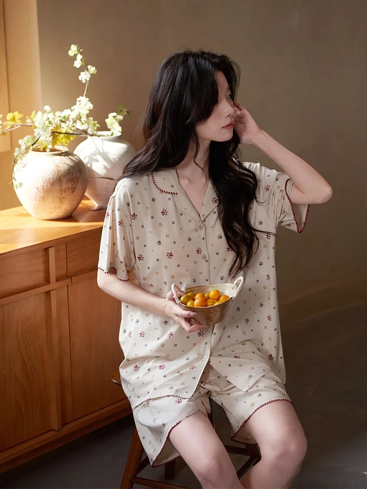 shaqian-summer-new-women's-cool-feeling-modal-cotton-short-sleeve-sleepwear-with-chest-pad-casual-cute-outdoor-home-clothes