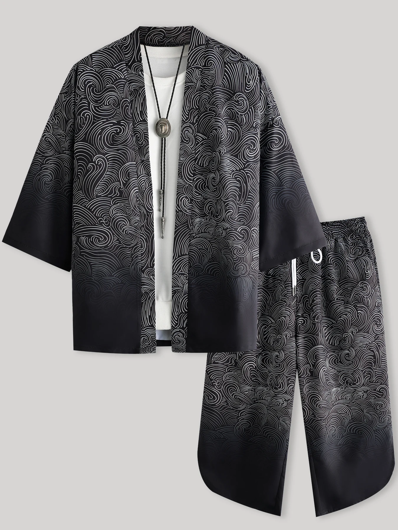 

Men's 2 Piece Chinese Style Wave Pattern Kimono Set, Gradient 3/4 Sleeve Kimono & Wide Leg Pants