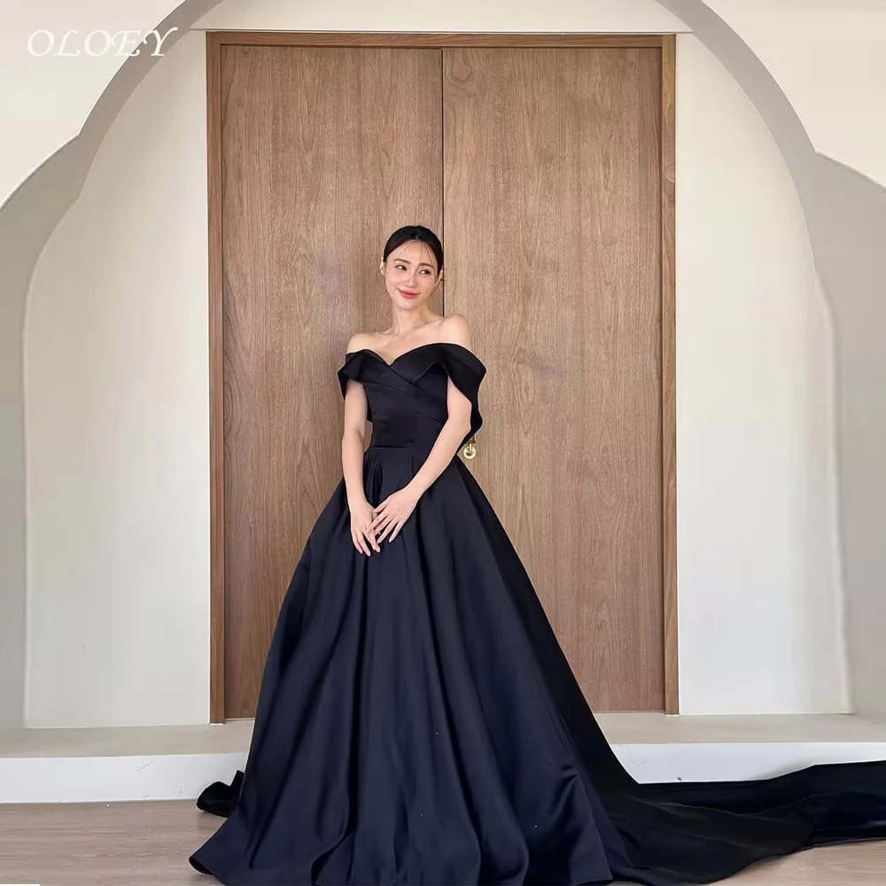 

OLOEY Wedding Dress Korea Photo shoot Off the Shoulder Sweetheart Black Evening Dress Birthday Party Dress Customized