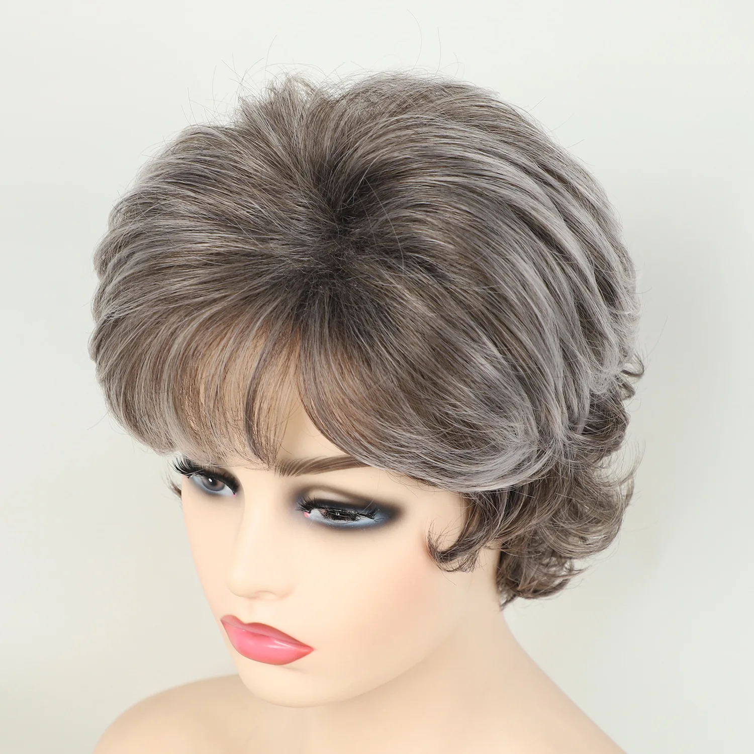 Synthetic Grey Gradient Wig Short Pixie Cut Wigs for Women Dark Root Realistic Straight Hair Mommy Wig with Bang