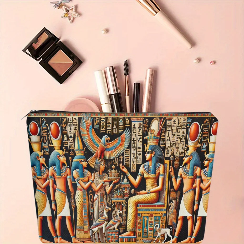 Un sac de maquillage du pharaon égyptien - Jolie pochette multifonctionnelle à fermeture éclair pour femme, sac de rangement de bijoux