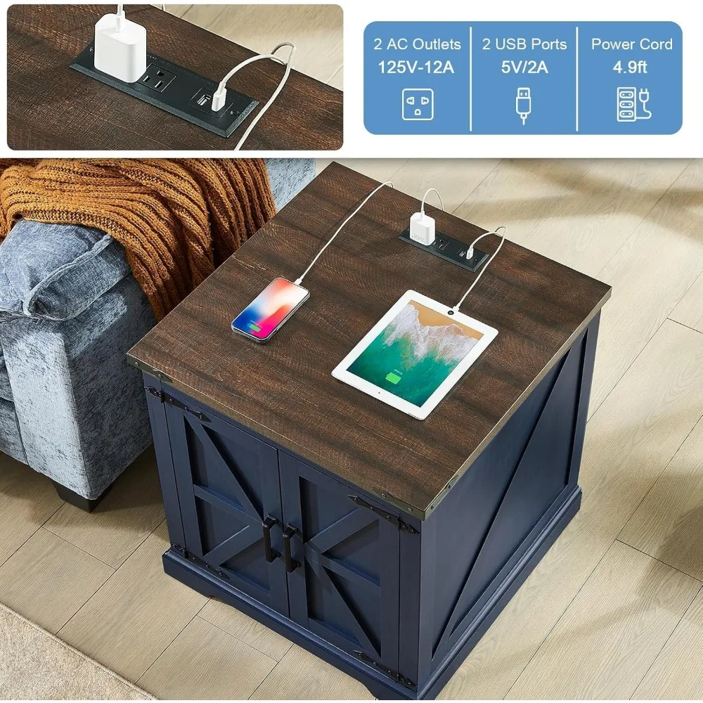 

24" Farmhouse End Table: Large Sofa Side Table with Charging Station & Barn Door - Rustic Wood Square Nightstand​