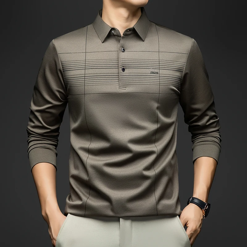 BROWON 2025 قميص رجالي أنيق للخريف بولو بأكمام طويلة ملابس علوية للربيع تي شيرت منتصف العمر مادة ناعمة ناعمة ملابس بولو للعمل الأب للرجال