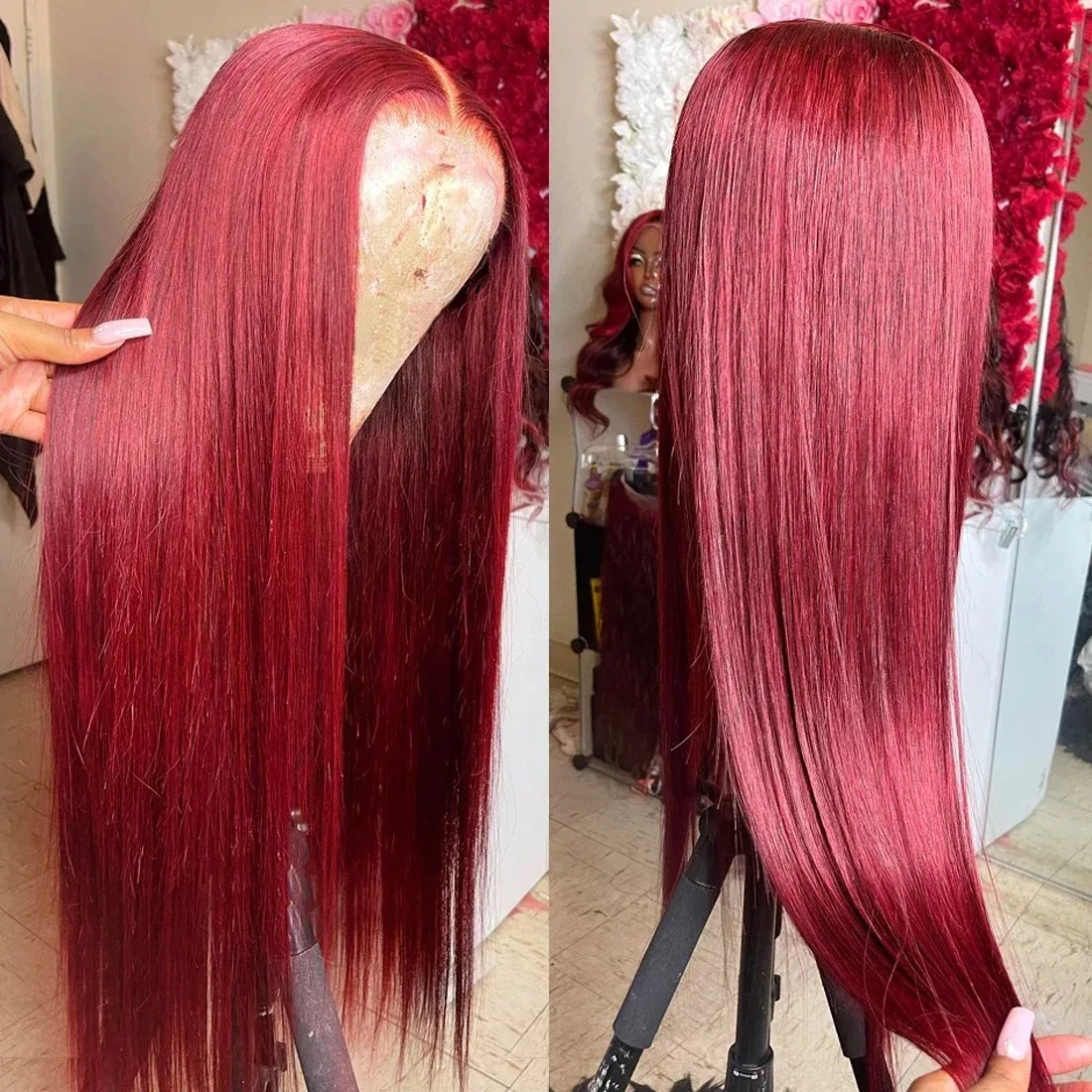 Peluca de cabello humano liso para mujer, frontal de encaje postizo, color rojo borgoña 99J, 13x4 HD, brasileño