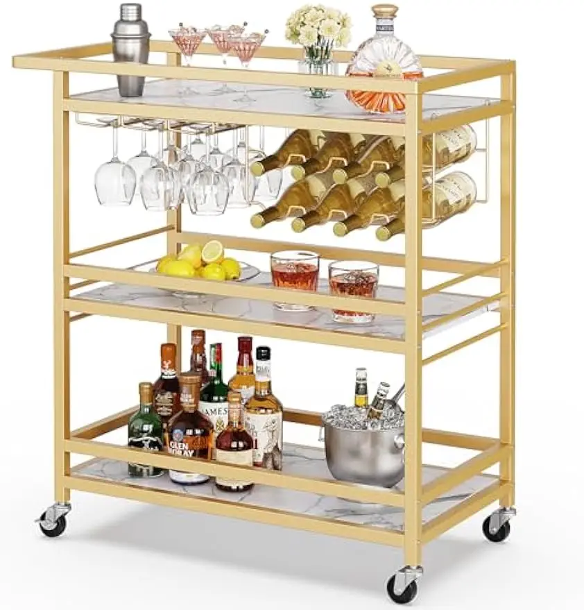 

3-х уровневая золотая тележка на колесиках с полками из мраморного дерева, колесами, винной полкой для кухни, столовой