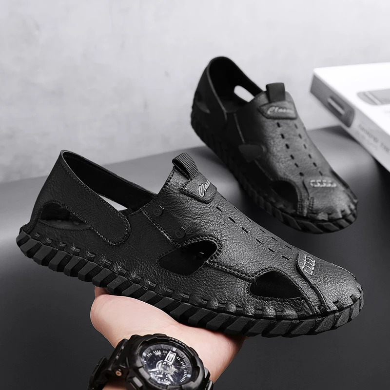 

Summer Flats men shoes slip on Men's Sandals Handmade Leather Beach Shoes Men handmade sewing Outdoor Sports Male Footwear