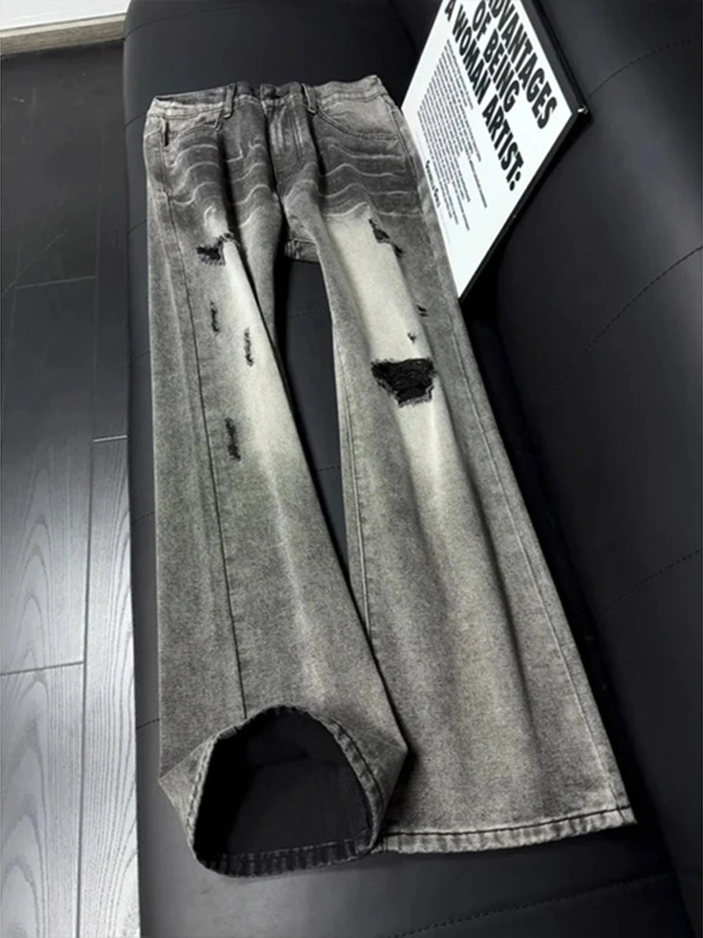 

Cleanfit Men's Smoke Grey Jeans Destroyed American High Street Straight Leg Slimming Micro Flared Knife Pants Casual Wear