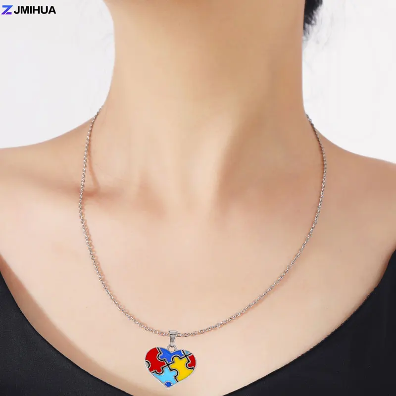 50 سنتيمتر الفولاذ المقاوم للصدأ سلسلة قلادة التوحد الوعي لغز قلادة القلائد للنساء الفتيات مجوهرات الأزياء #4