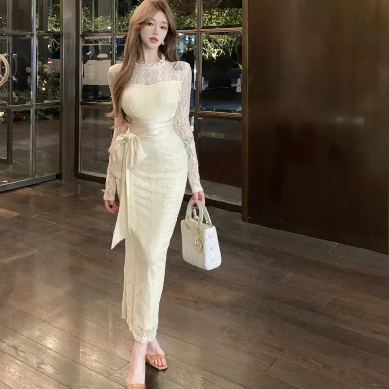 Sexy Solid Lace Patchwork Long Dress Women Shoulder Sheer Lace Up Slim Fit Bodycon Dresses Spring Elegant Long Sleeve Party Robe