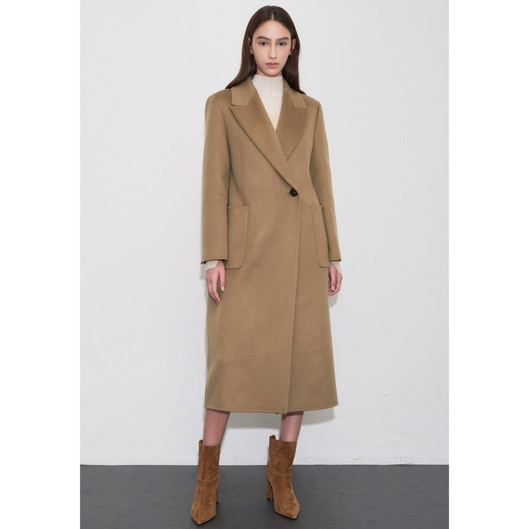 

Ele Long Wool Camere Coat with Cheesecake Pattern Autumn Commute Sle Regular Sve Long Sve Suit Collar Coat