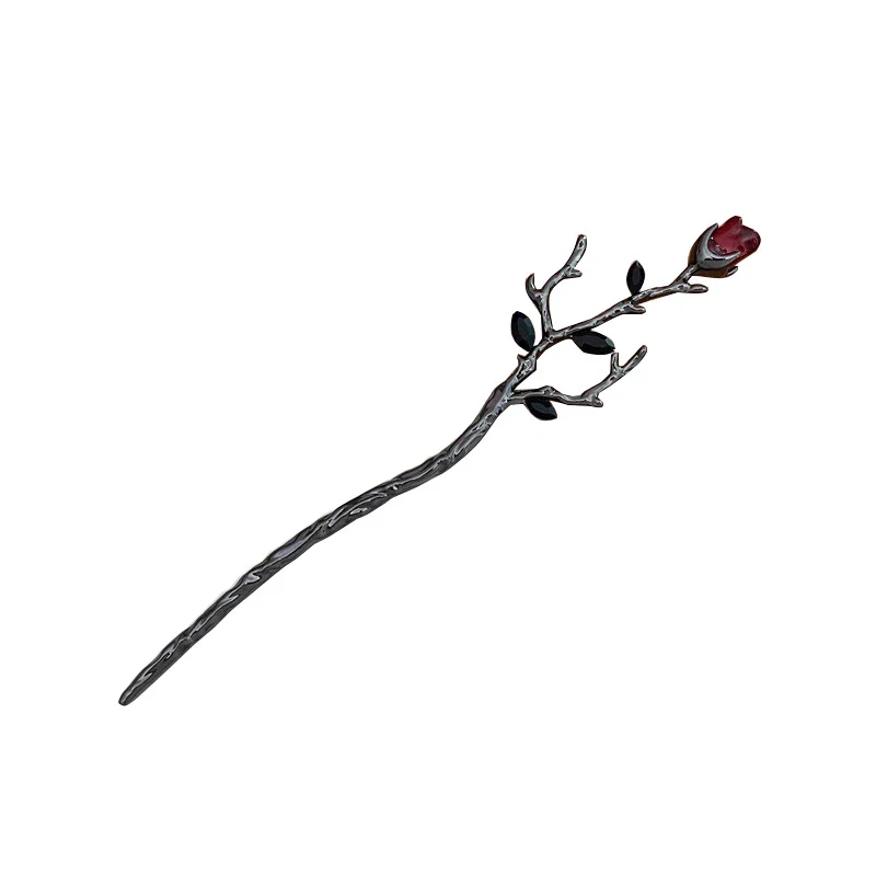 Vintage Rose Hair Sticks Hairwear for Women Simple Flower Black Red Hairpin Hair Chopstick Disk Hairstick Headdress Jewelry