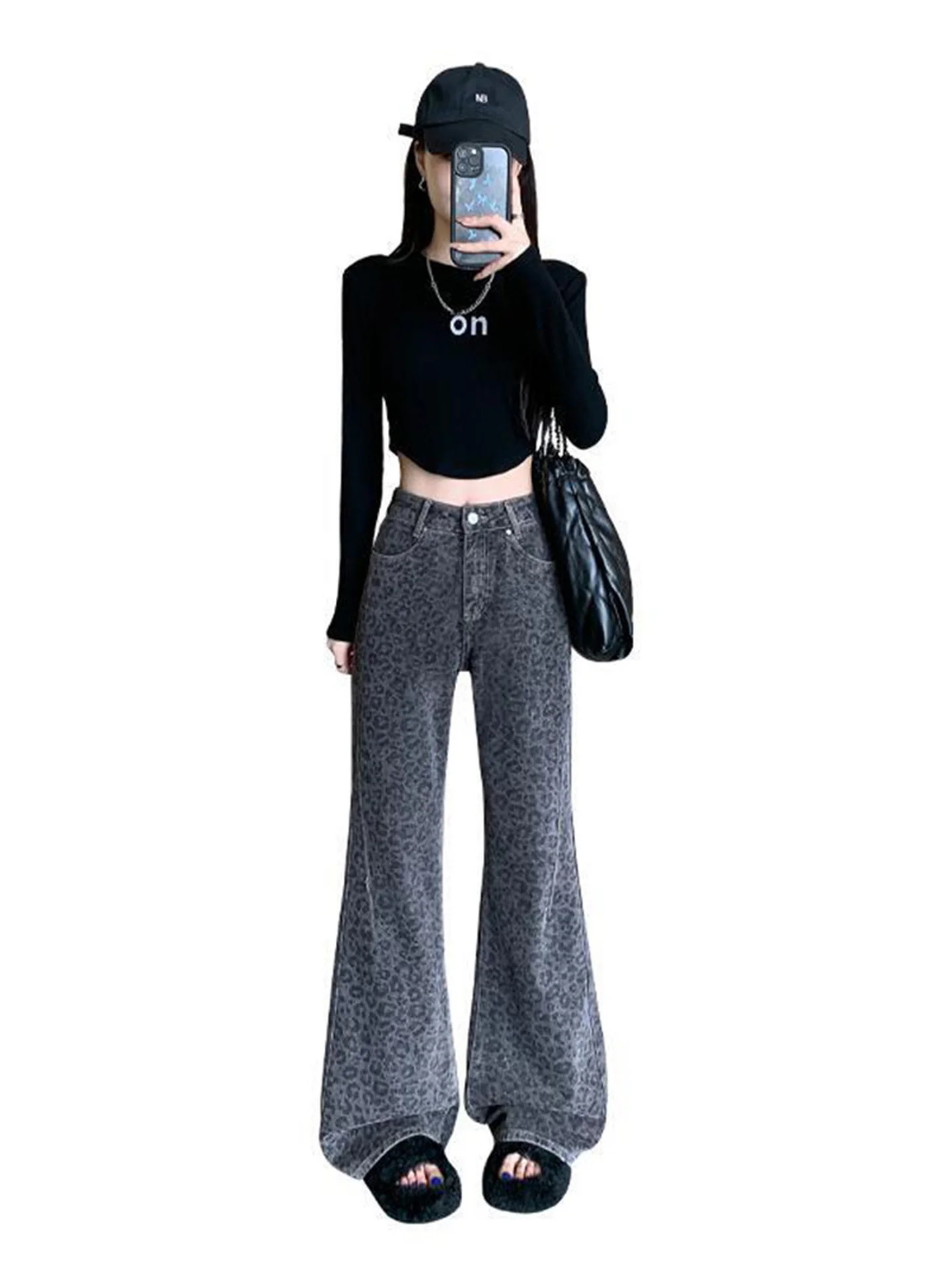 กางเกงยีนส์ทรงกระดิ่งลายเสือดาวสไตล์เรโทร ทรงตรง กระชับสัดส่วน เอวสูง ลำลอง สำหรับผู้หญิง ฤดูใบไม้ร่วง ฤดูหนาว รุ่นใหม่