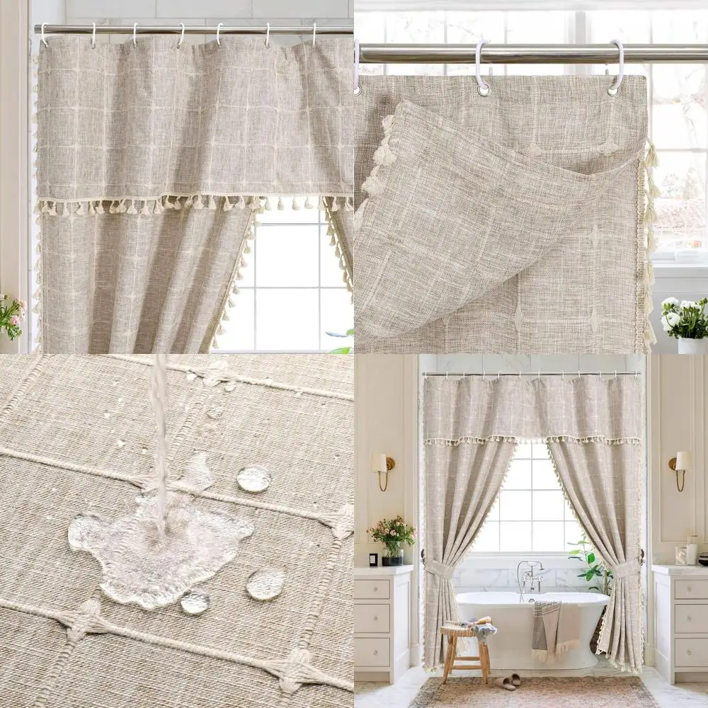 

Набор занавесок для душа из полиэстера и льна в стиле фермерского дома 72x72 дюйма с крючками, коричневый для декора ванной комнаты