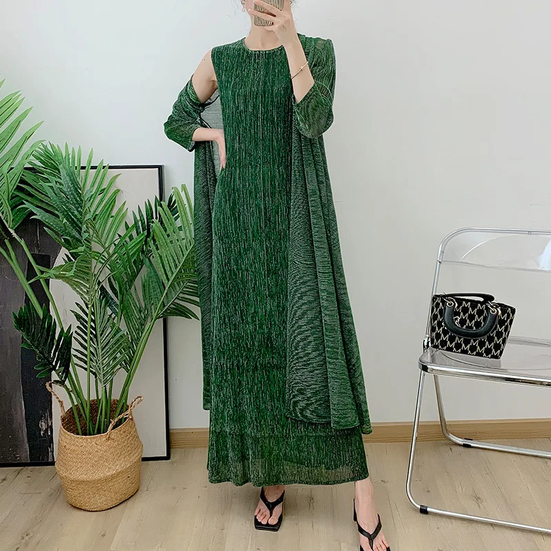 Abaya vestido plisado con capa y Vestido largo de verano, línea dorada, talla grande, conjunto de 2 piezas