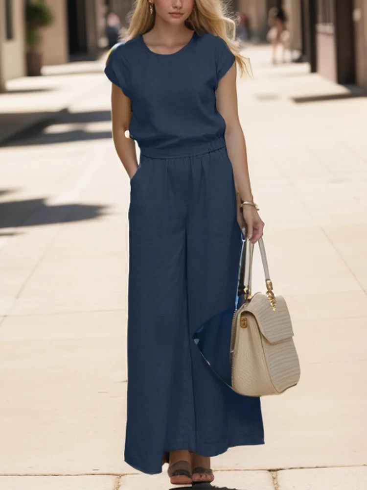 

2025 ZANZEA, винтажная блузка с коротким рукавом, свободный брючный костюм, летние женские комплекты из двух предметов, однотонные рабочие наряды из 2 предметов, большие размеры