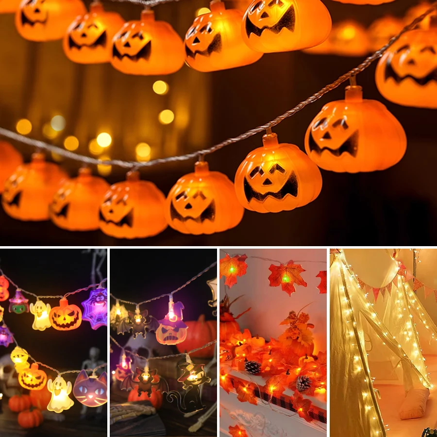 1.5m/3m LED Halloween LED String Lights Garland Portable Pumpkin Ghost Maple Leaf Lights for Home Halloween Party Garden Decor