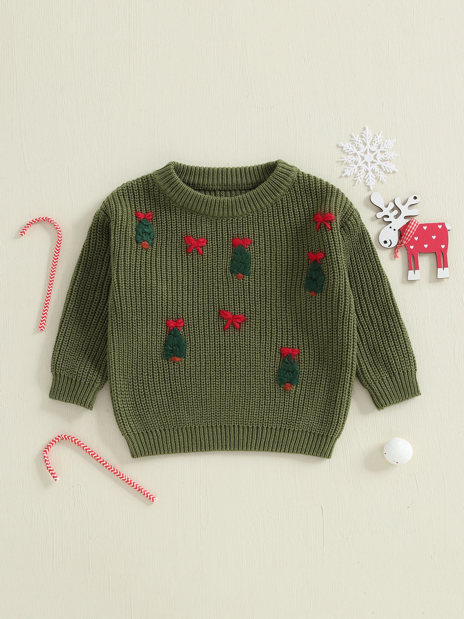 FOCUSNORM 0–5 Jahre Weihnachtspullover für kleine Kinder, Jungen und Mädchen, 4-farbige Schleife, Weihnachtsbaum-Stickerei, langärmelig, Rundhalsausschnitt, Strickpullover – Detail 4