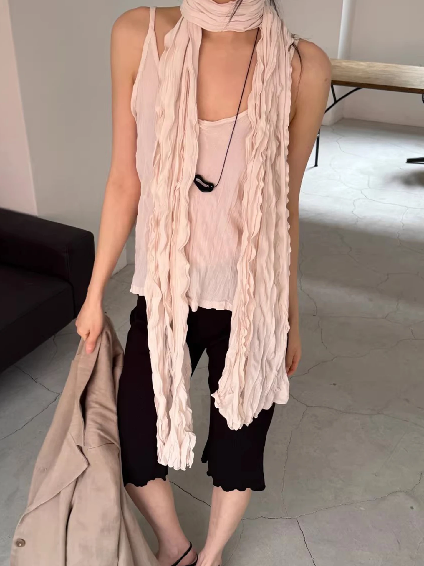 

Fashionable Casual Women's Two-Piece Set Pleated Long Scarf Shoulder Wrap Summer New Pure Color Commute Style Adult Wear