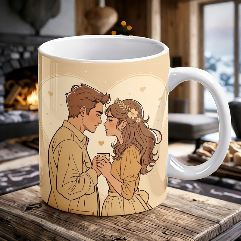 

1pcs Romantic Couple Staring Illustration Ceramic Cup with Handle, Creative Coffee Cup, Milk Cup, Office Tea Cup, Drinking Cup