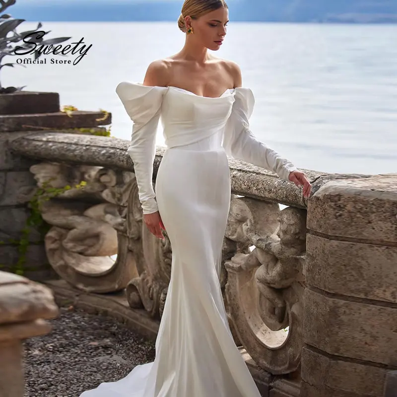 

Elegant Sexy Wedding Dress Matte Satin With Mermaid Strapless Detachable Puff Sleeves Bridal Gowns Back Backless Robes De Mariée