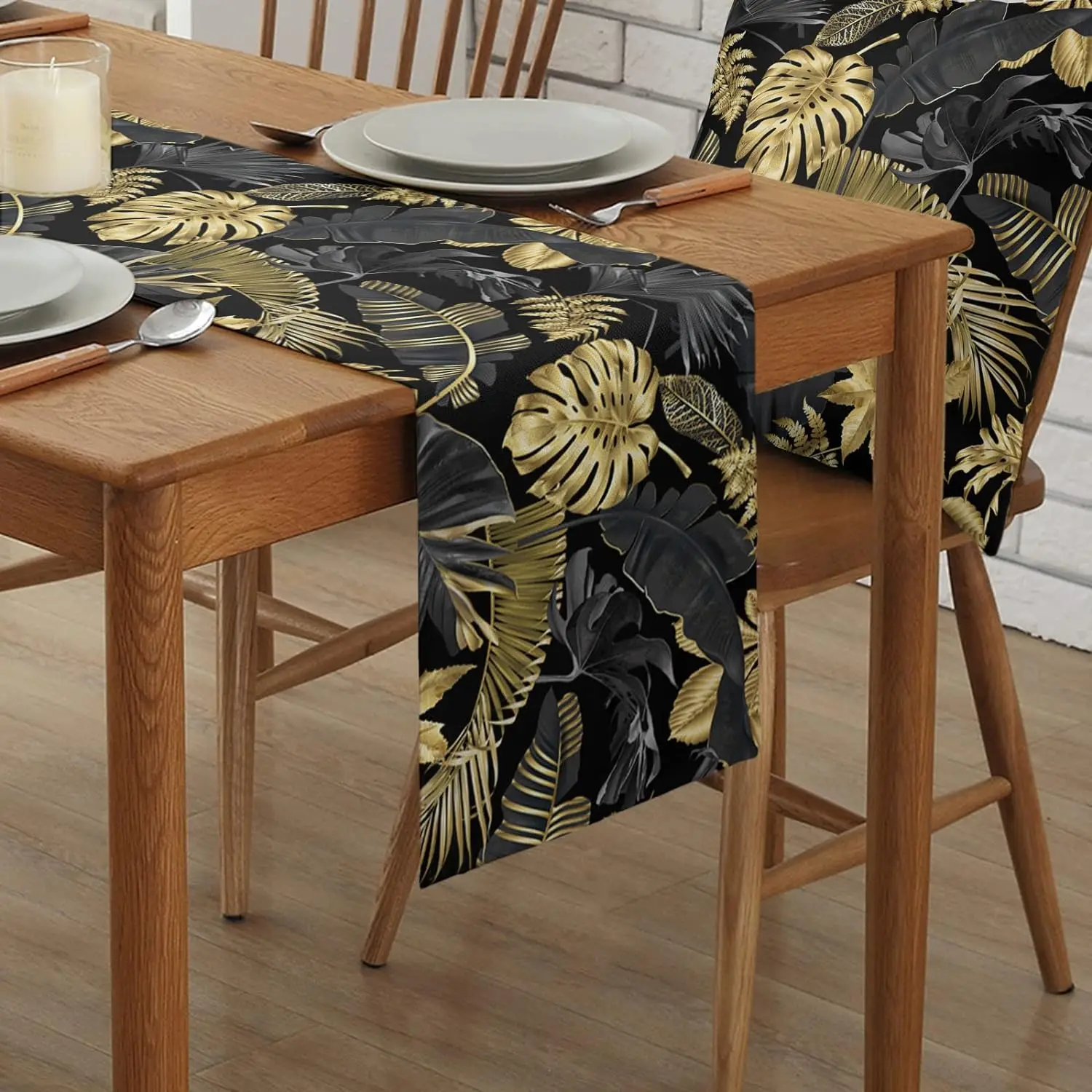 Tropical Black Golden Leaves Linen Table Runner Dresser Scarves Reusable Kitchen Dining Table Runner Holiday Party Decorations