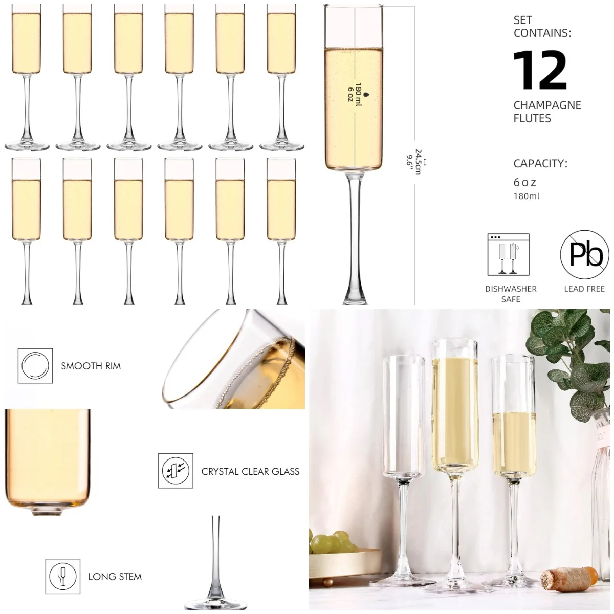 

Champagne Flute Set of 12, 6 oz Clear Glasses for Party, Home, Restaurant
