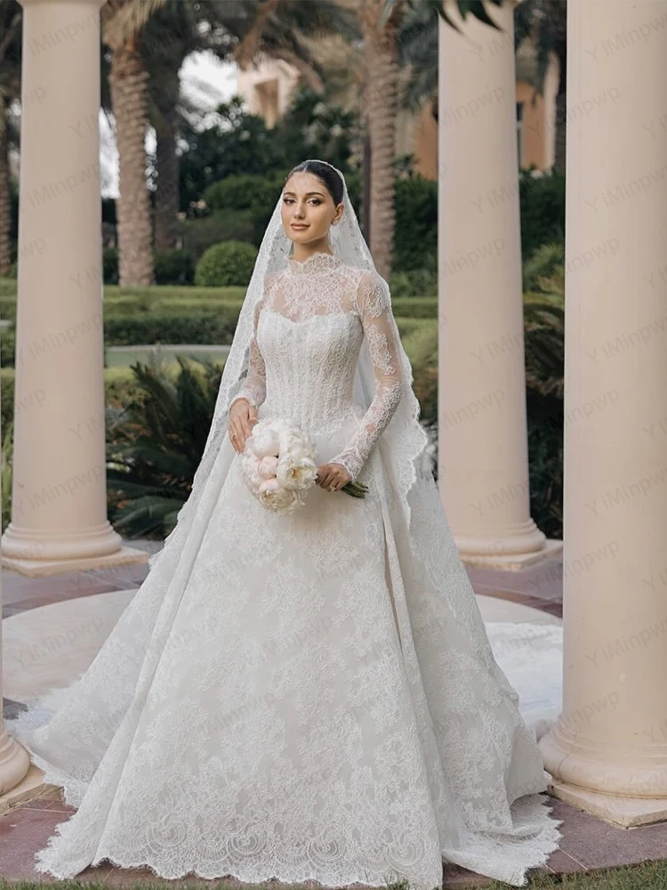 Lace Wedding Dresses High Neck Long Sleeve A Line Bride Dress Sweep Train Princess Bridal Gown Vestido De Novia Customized